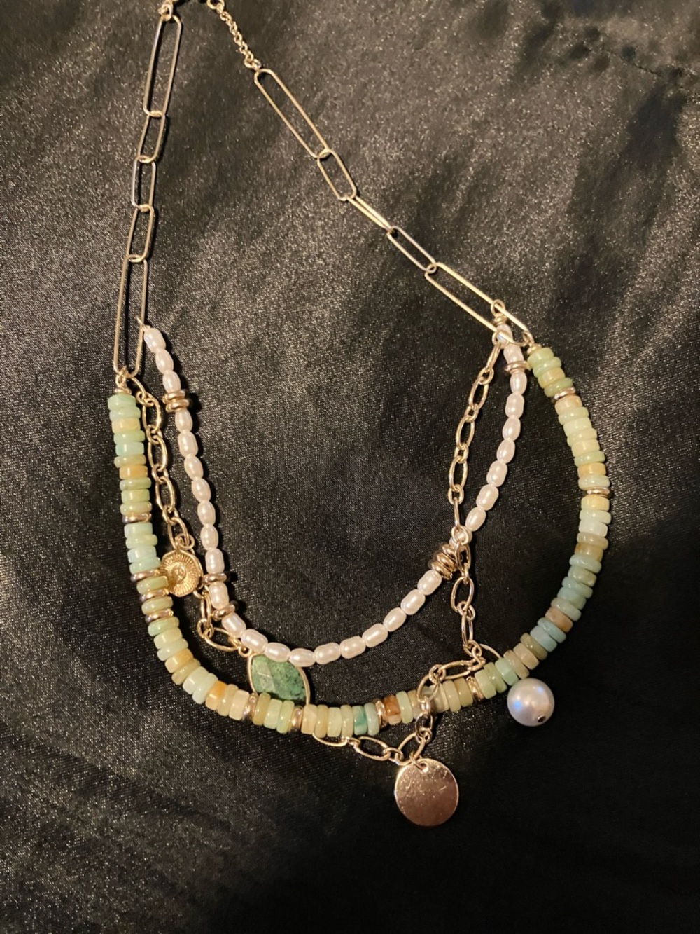 LOFT Gold Multistrand Necklace with Pale Green Beads, White Pearls